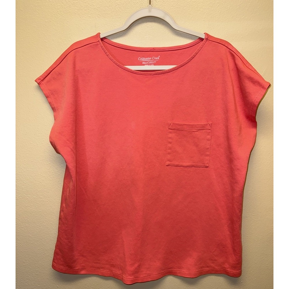 Coldwater Creek Women's Best Cotton Tee Large Coral Orange Cap Sleeve